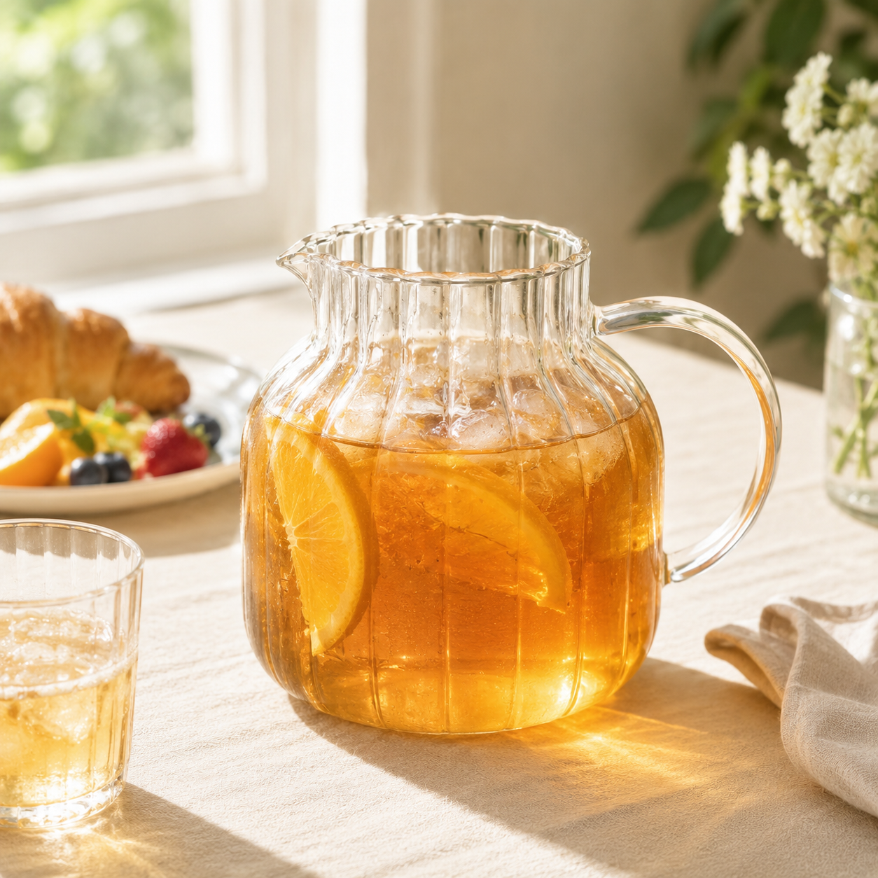 Sabah ribbed glass carafe with iced tea and orange slices on a sunny breakfast table